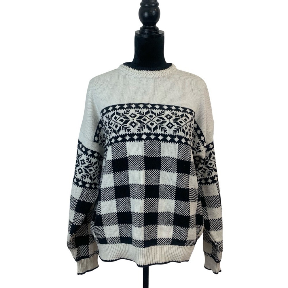 Gap 90s VTG Men L Pullover Crew Neck Fair Isle Sweater Black Gingham 100% Cotton